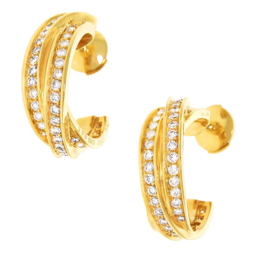 Cartier Diamond Gold Trinity Hoop Earrings In Excellent Condition In Litchfield, CT