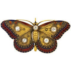 Antique Enamel Diamond Gold Butterfly Brooch