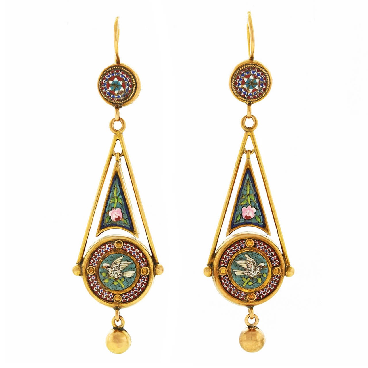 Antique Micromosaic in Gold Chandelier Earrings