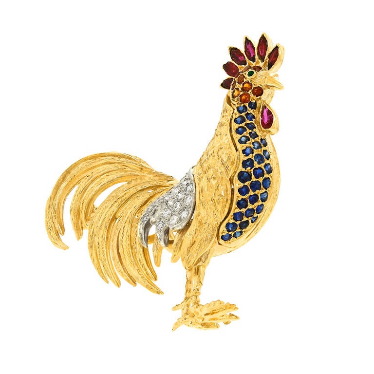 Citrine Sapphire Ruby Diamond Rooster Brooch In Excellent Condition In Litchfield, CT