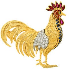 Vintage Citrine Sapphire Ruby Diamond Rooster Brooch