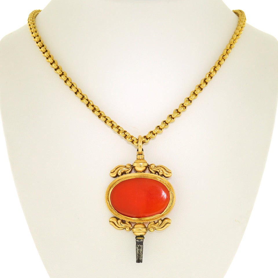Victorian Huge Carnelian Set Gold Watch Key as Pendant