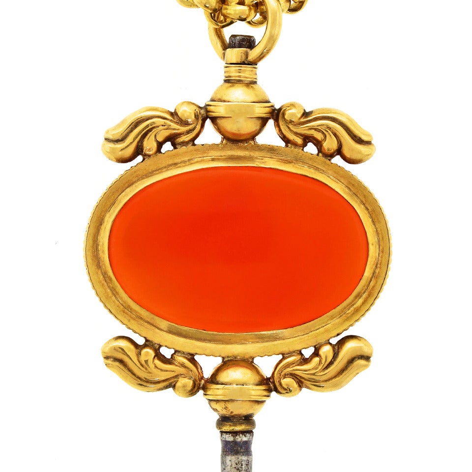 Women's Huge Carnelian Set Gold Watch Key as Pendant