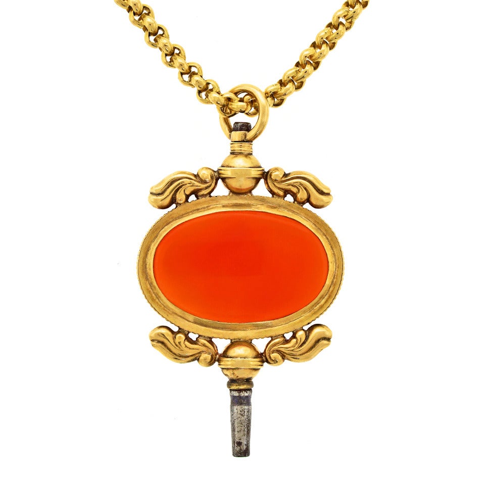 Huge Carnelian Set Gold Watch Key as Pendant 2