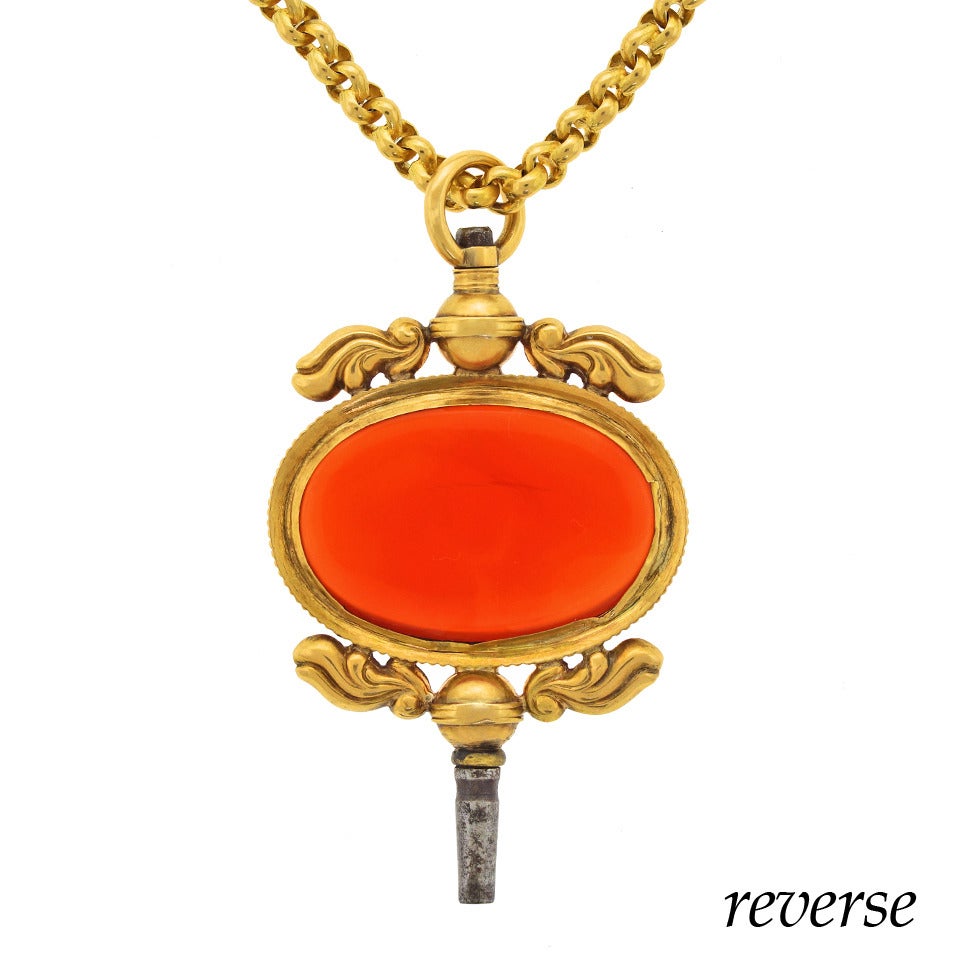 Huge Carnelian Set Gold Watch Key as Pendant 3