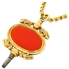 Huge Carnelian Set Gold Watch Key as Pendant