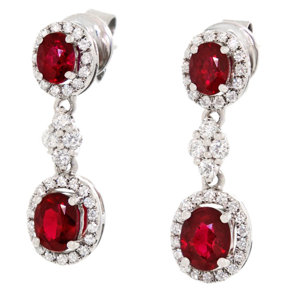 Ruby Diamond Gold Drop Earrings In Excellent Condition In Litchfield, CT