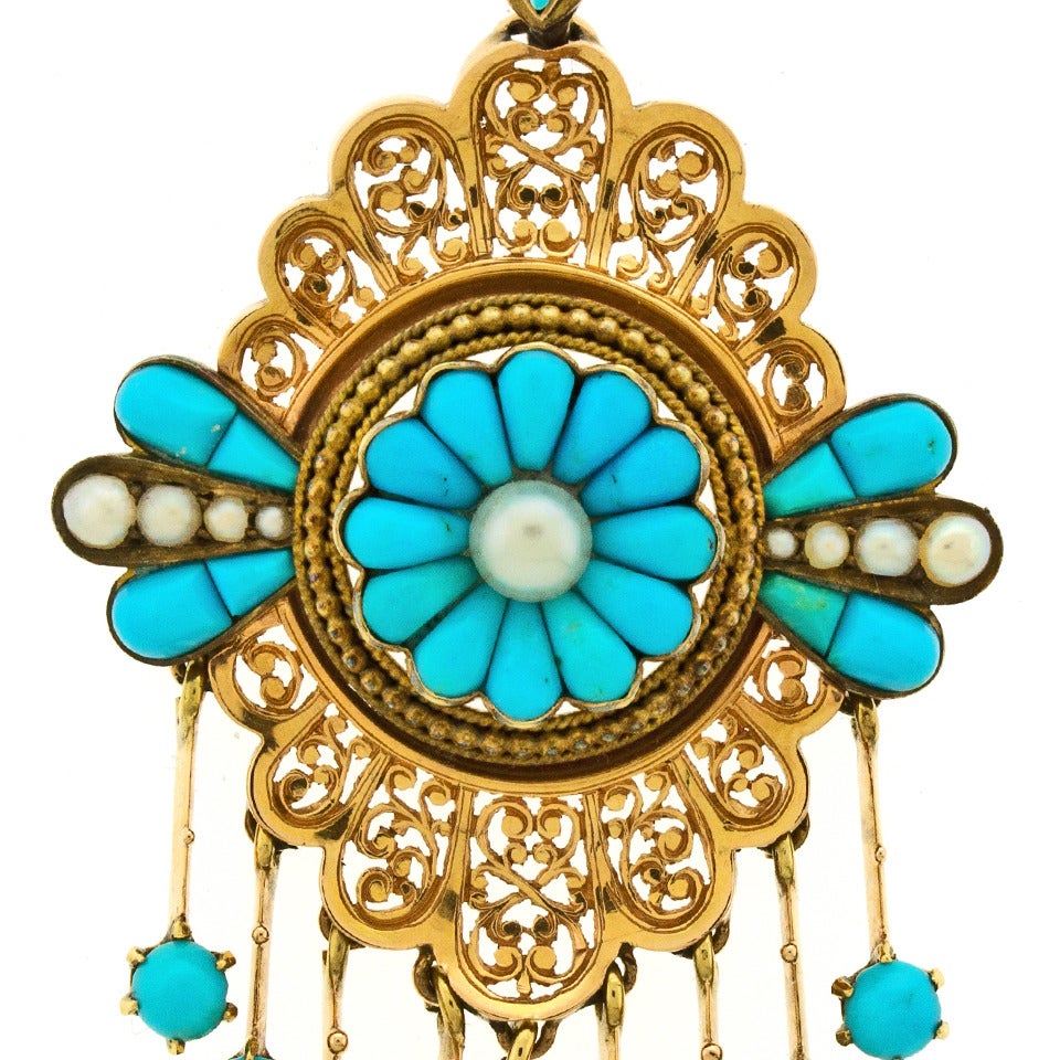 Antique French Pendant with Persian Turquoise & Pearls 1