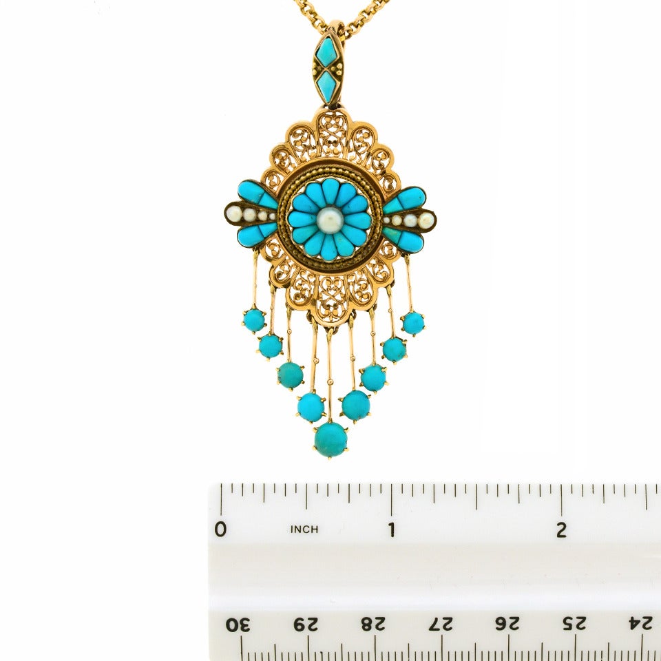 Antique French Pendant with Persian Turquoise & Pearls 2
