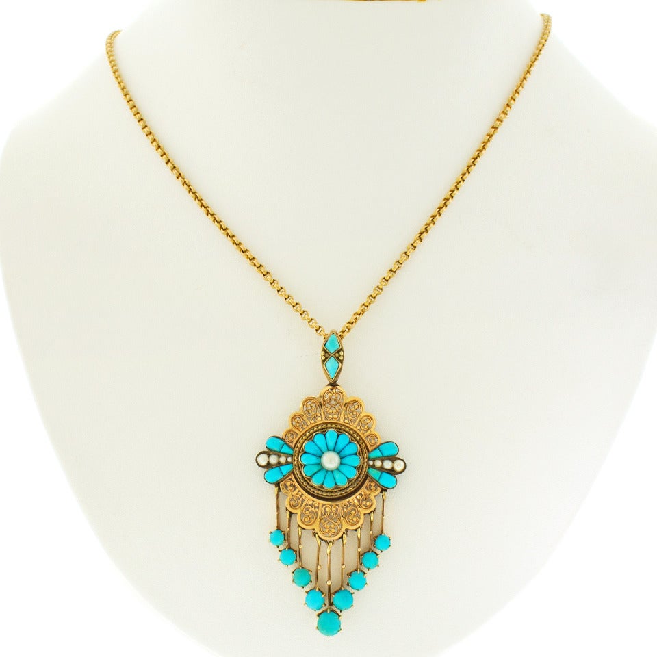 Antique French Pendant with Persian Turquoise & Pearls 3