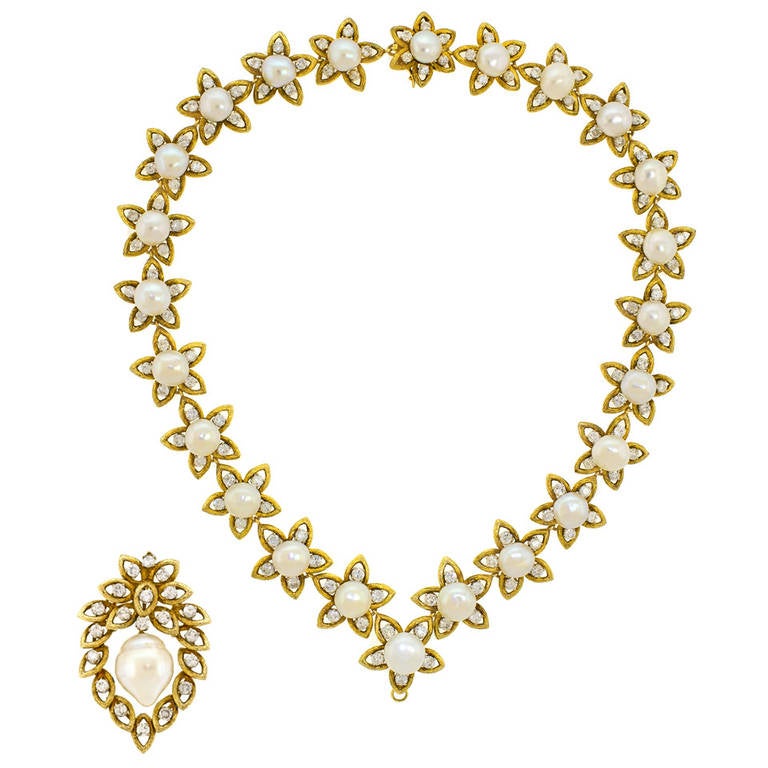 Stunning Diamond Pearl Necklace circa 1960s 3