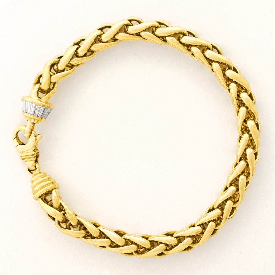 Russian Diamond Gold Braid Chain Bracelet In Excellent Condition In Litchfield, CT