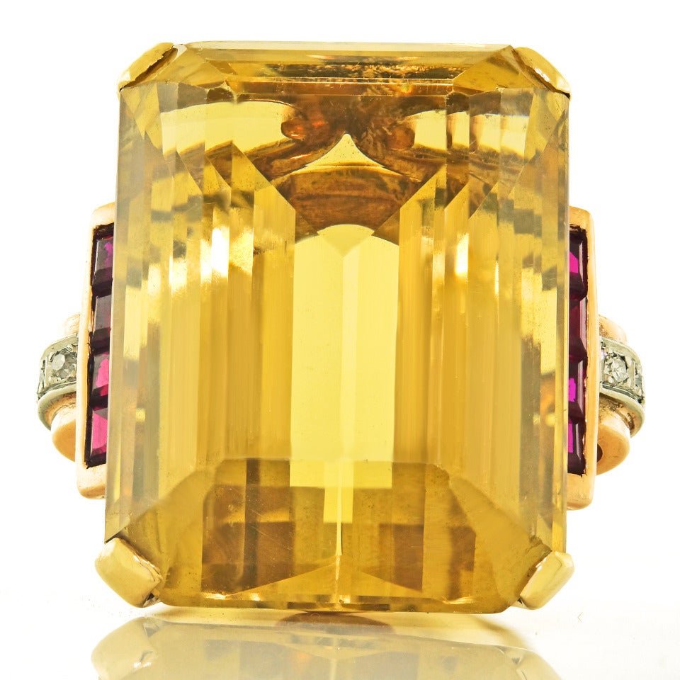 Retro 1940s Citrine Ruby Diamond Gold Cocktail Ring In Excellent Condition In Litchfield, CT