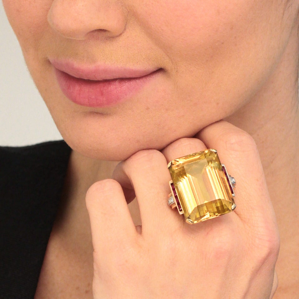 Women's Retro 1940s Citrine Ruby Diamond Gold Cocktail Ring