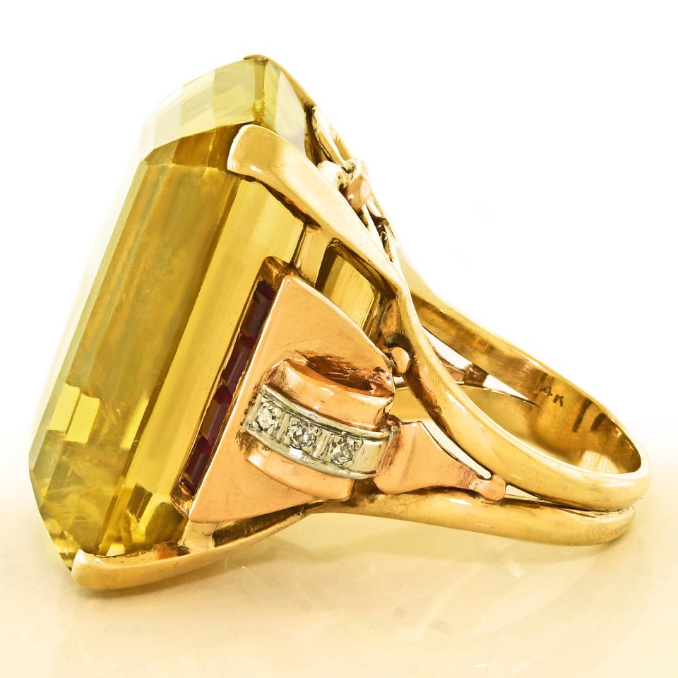 Retro 1940s Citrine Ruby Diamond Gold Cocktail Ring 3