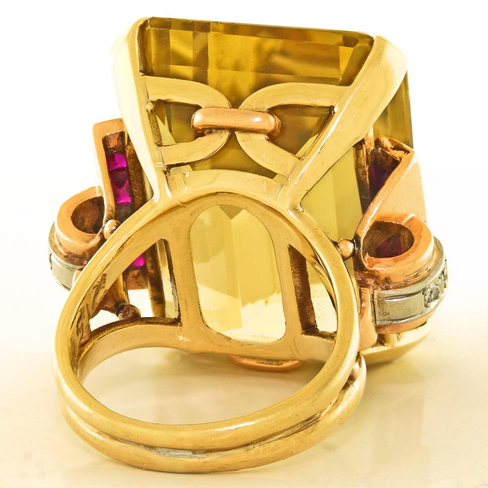 Retro 1940s Citrine Ruby Diamond Gold Cocktail Ring 4