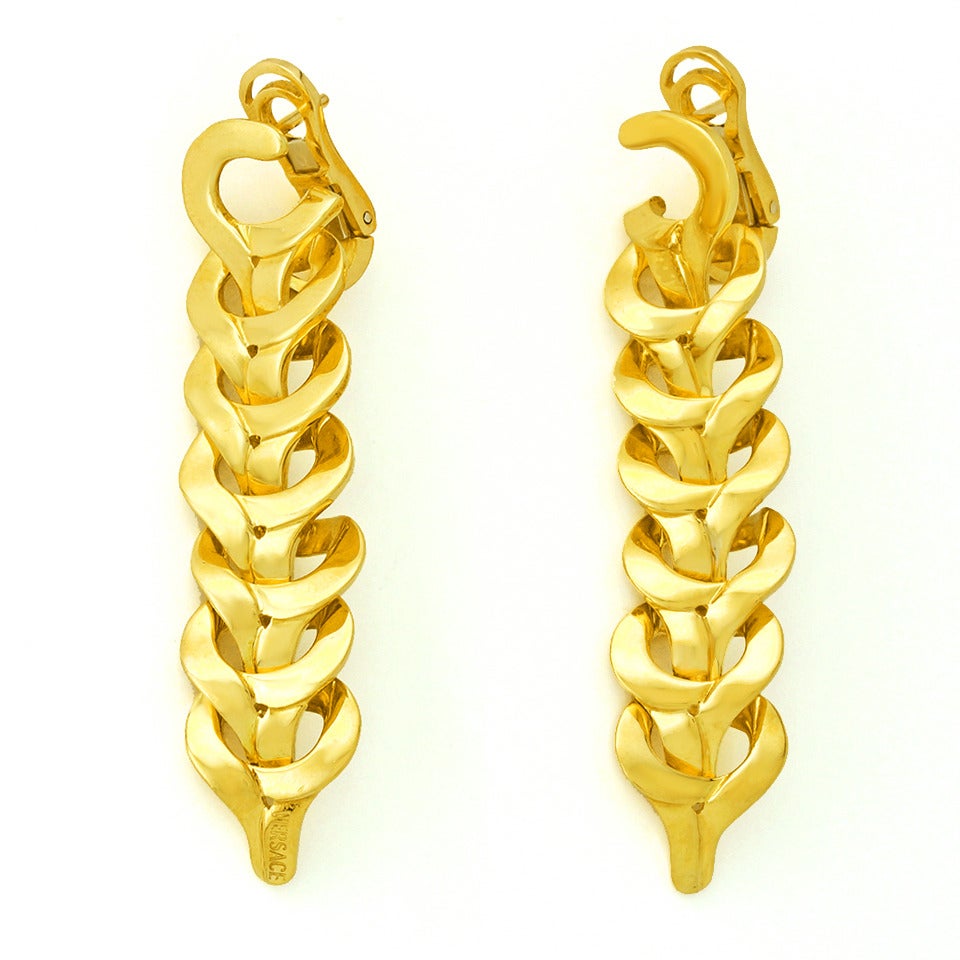 Versace Modernist Gold Dangle Earrings In Excellent Condition In Litchfield, CT