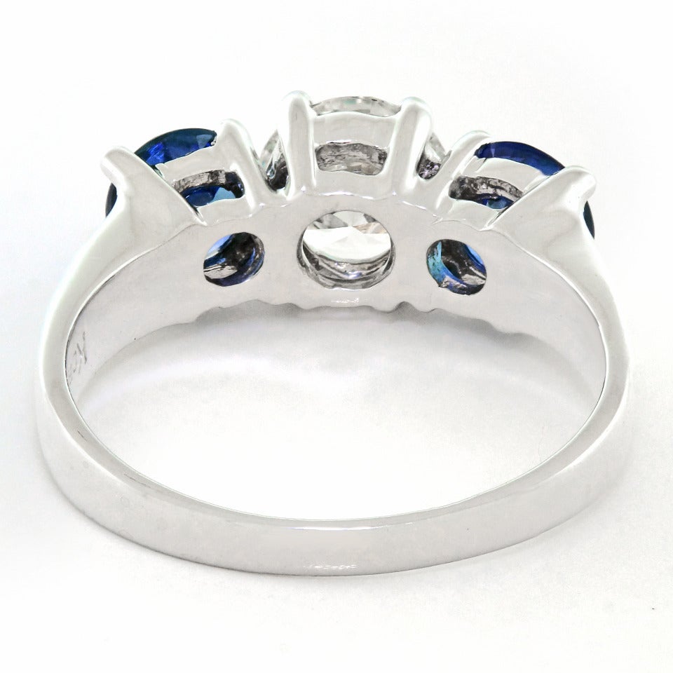 3 Stone GIA Cert Diamond Sapphire Platinum Ring 2