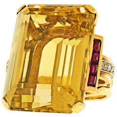 Vintage 1940s Citrine Ruby Diamond Gold Cocktail Ring