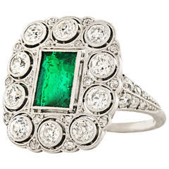 Antique Edwardian Emerald Diamond Platinum Ring