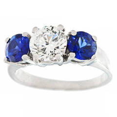 3 Stone GIA Cert Diamond Sapphire Platinum Ring