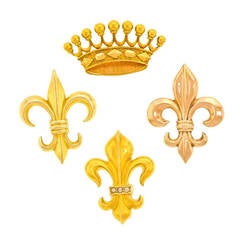 Grouping of Four Fleur-de-Lis and Crown Brooches