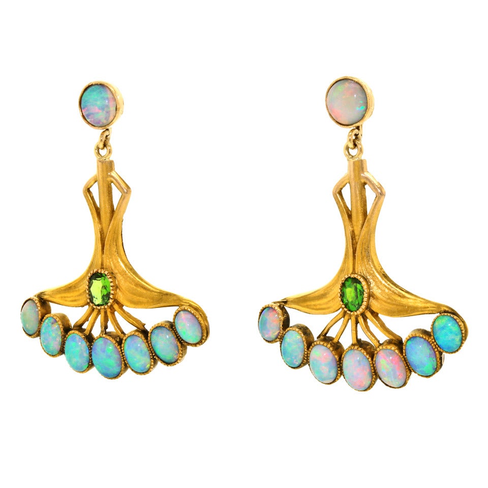 Art Nouveau Opal Tourmaline Gold Earrings In Excellent Condition In Litchfield, CT