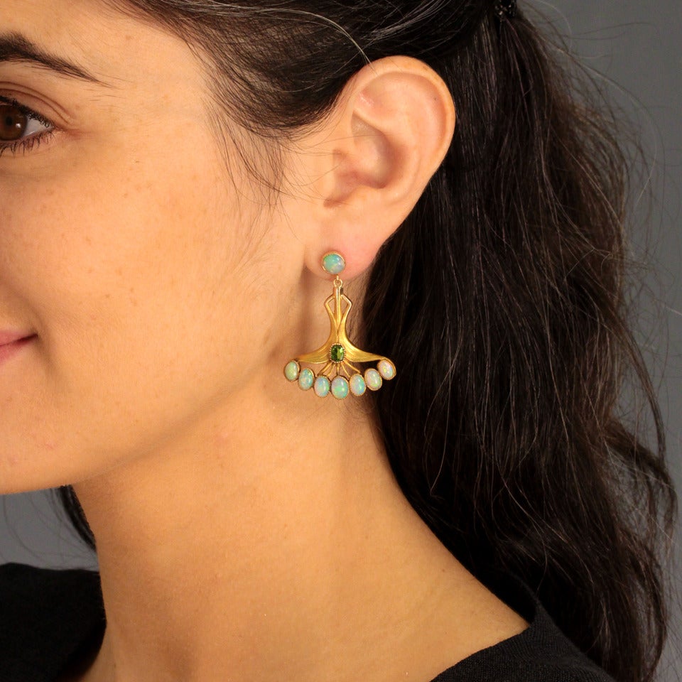Women's Art Nouveau Opal Tourmaline Gold Earrings