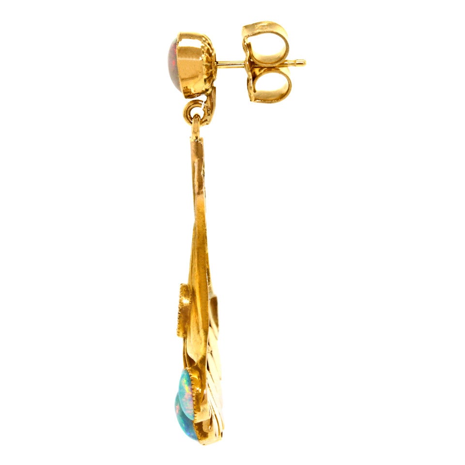 Art Nouveau Opal Tourmaline Gold Earrings 3