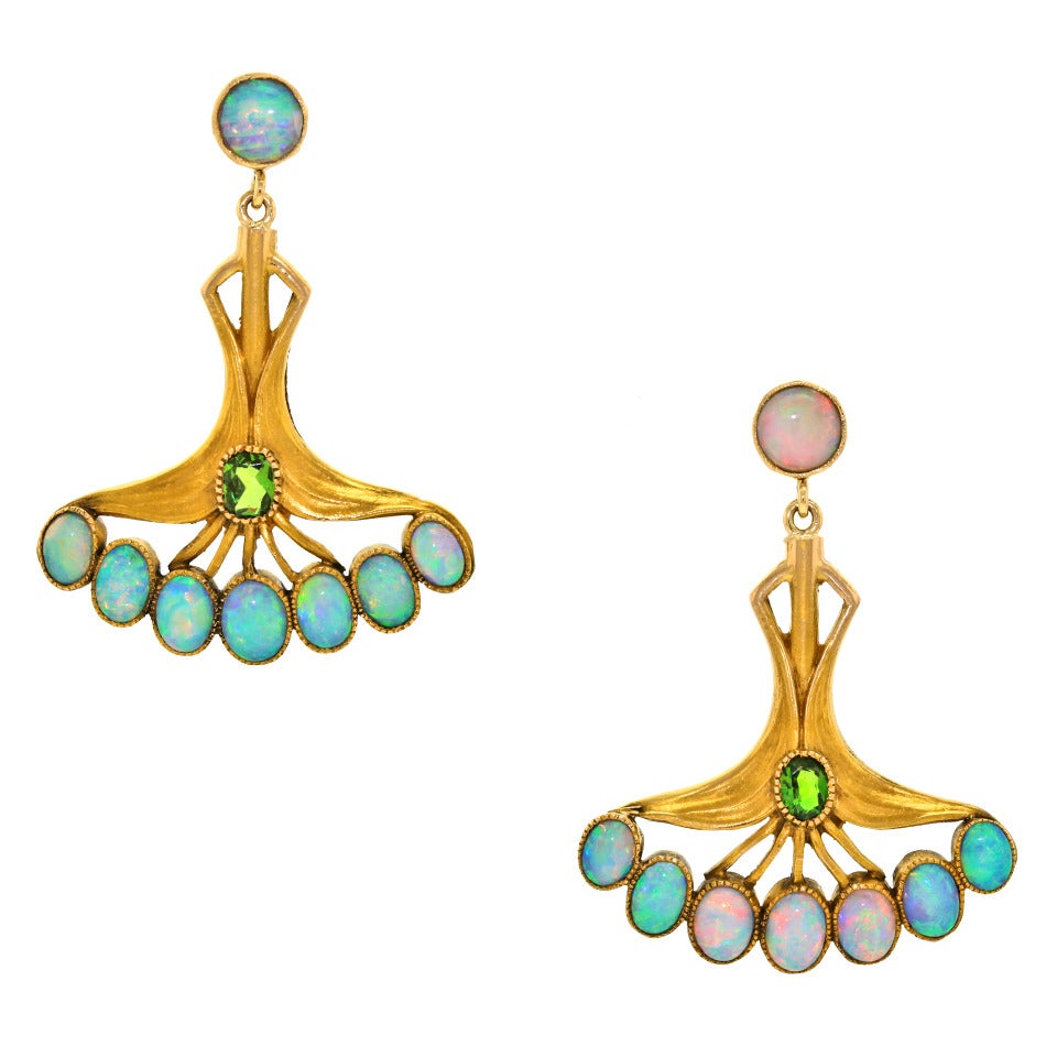 Art Nouveau Opal Tourmaline Gold Earrings 4