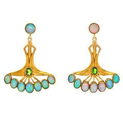 Art Nouveau Opal Tourmaline Gold Earrings