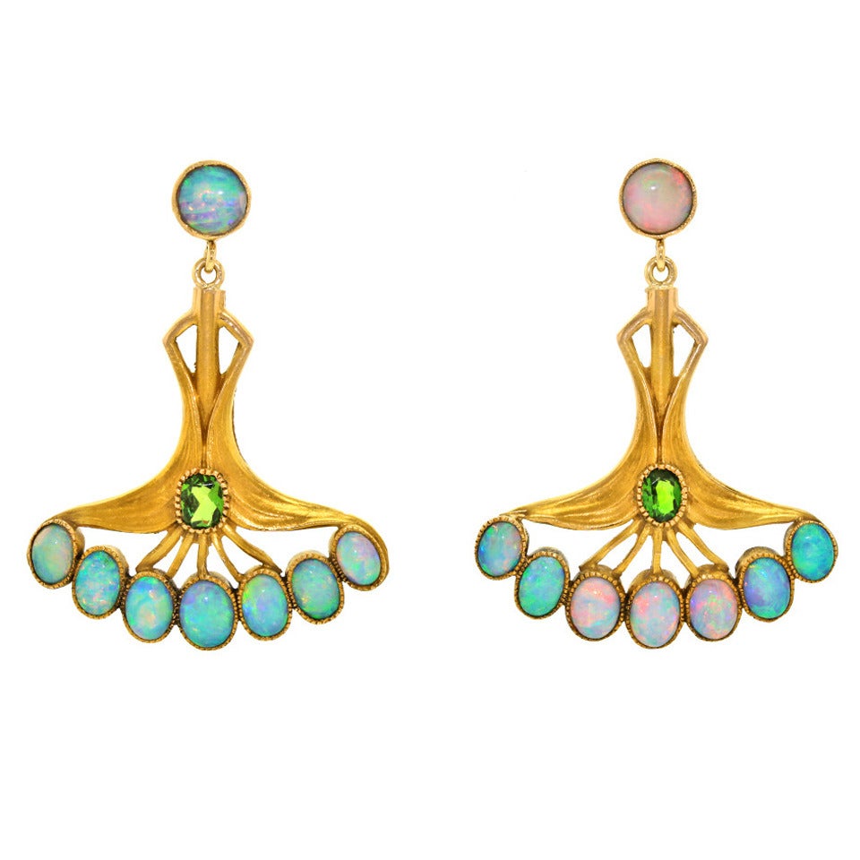 Art Nouveau Opal Tourmaline Gold Earrings