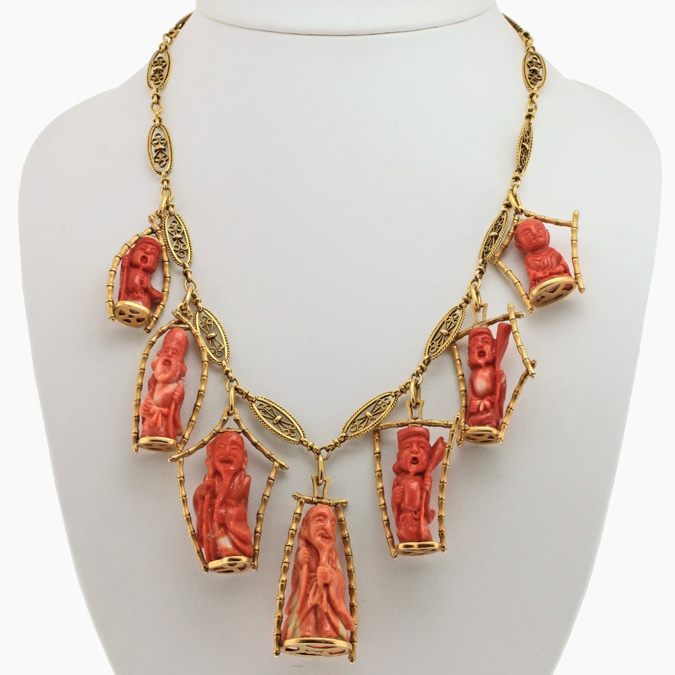 Antique Gold Necklace with Fifties Coral Wise Men at 1stDibs