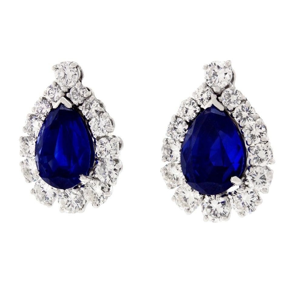 No-Heat Burma and Ceylon Sapphire and Diamond-set Platinum Earrings In Excellent Condition In Litchfield, CT