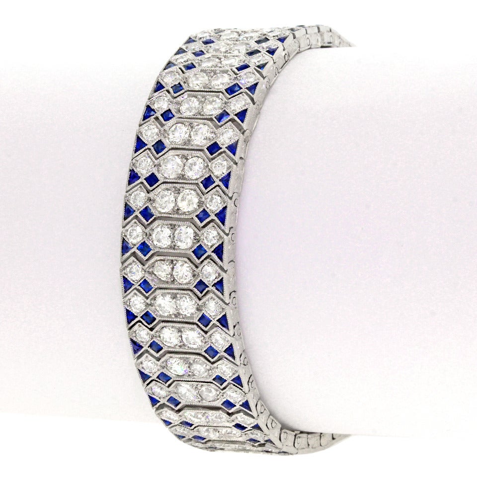 Art Deco Diamond Sapphire Platinum Bracelet In Excellent Condition In Litchfield, CT