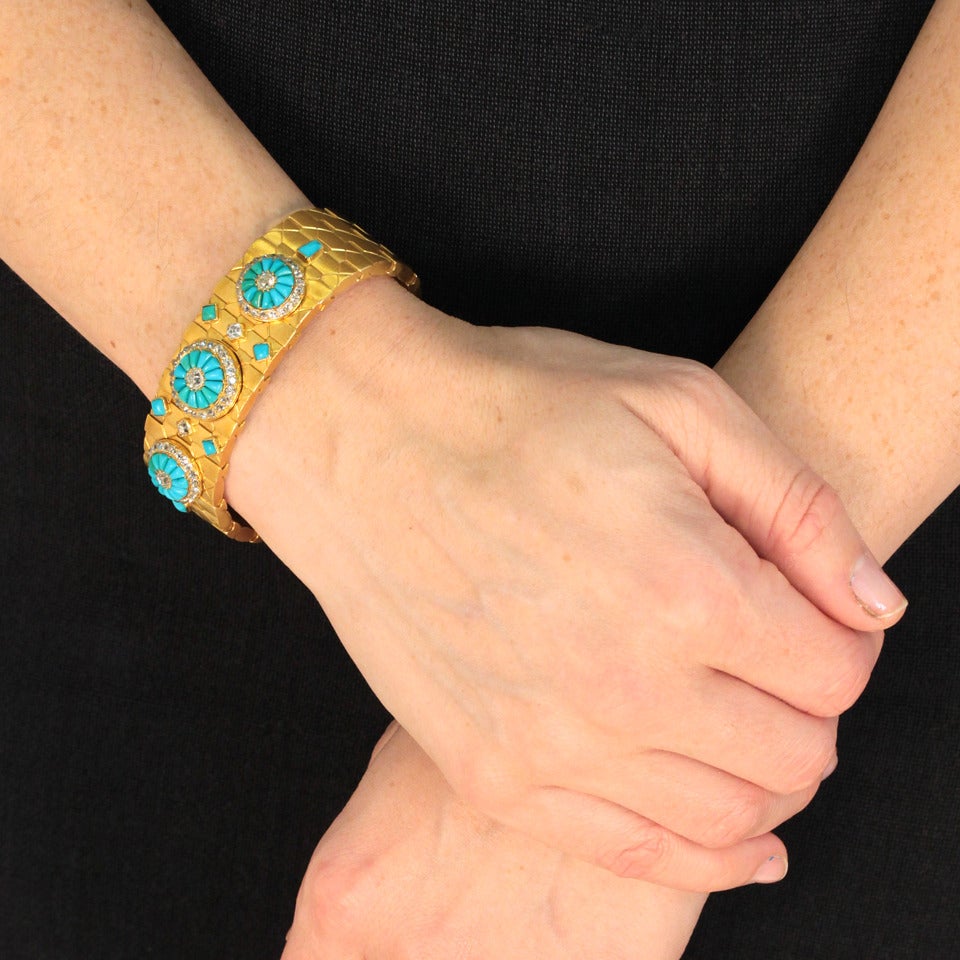 Victorian Antique Persian Turquoise Diamond Gold Bracelet