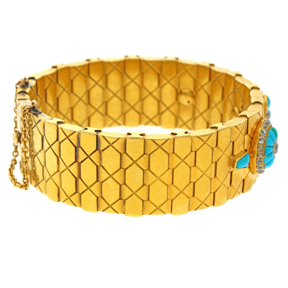 Antique Persian Turquoise Diamond Gold Bracelet In Excellent Condition In Litchfield, CT