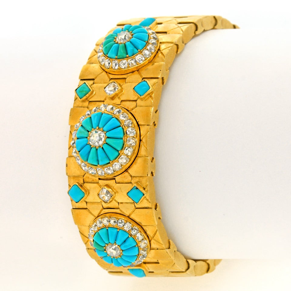 Antique Persian Turquoise Diamond Gold Bracelet 2
