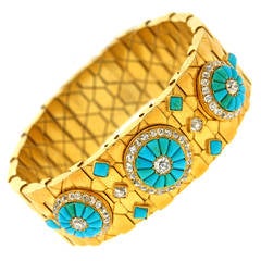 Antique Persian Turquoise Diamond Gold Bracelet