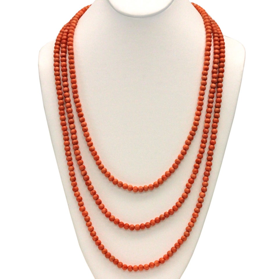 Art Deco Fabulous 84 Inch Opera Length Coral Necklace