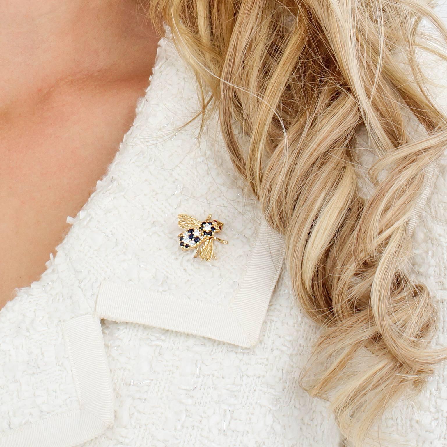 Circa 1970s, 18k, Herbert Rosenthal, New York City. This charming bee pin by Herbert Rosenthal is set with .51 carats of superb sapphires and .49 carats of brilliant white diamonds (F color, VS clarity).  Rosenthal bees are the chic culmination of a