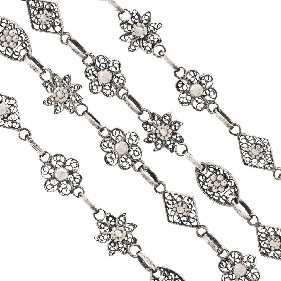 Victorian 62 Inch Antique Silver Filigree Necklace