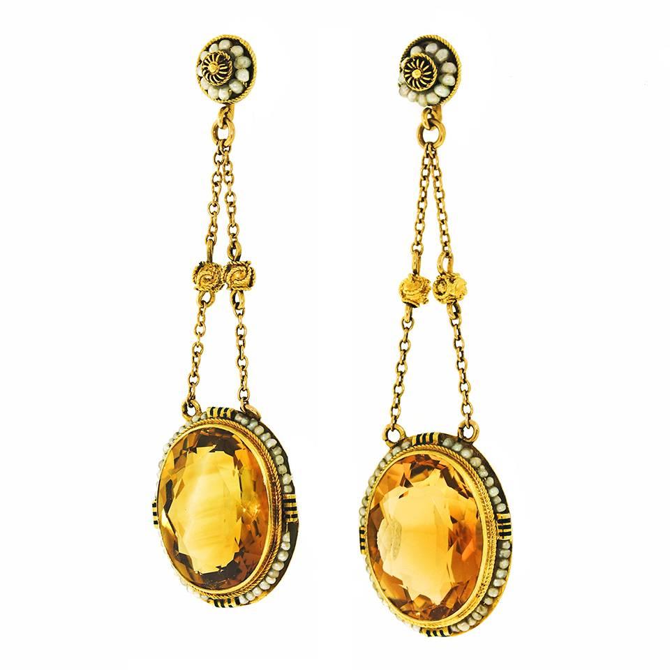 Victorian Antique Citrine and Pearl Dangle Earrings