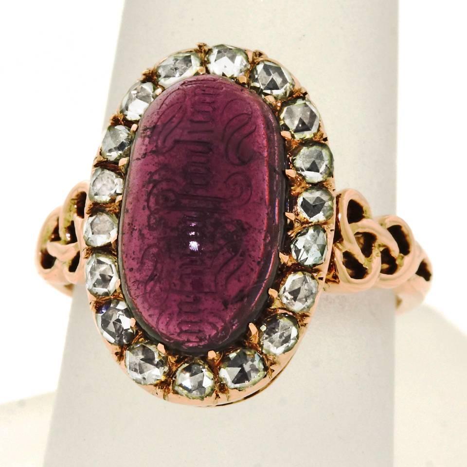 Antique Engraved Garnet Rosecut Diamond Gold Ring  In Good Condition In Litchfield, CT