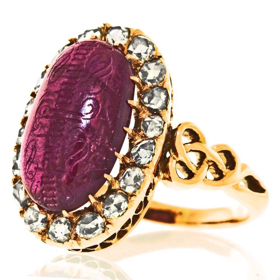 Antique Engraved Garnet Rosecut Diamond Gold Ring  3