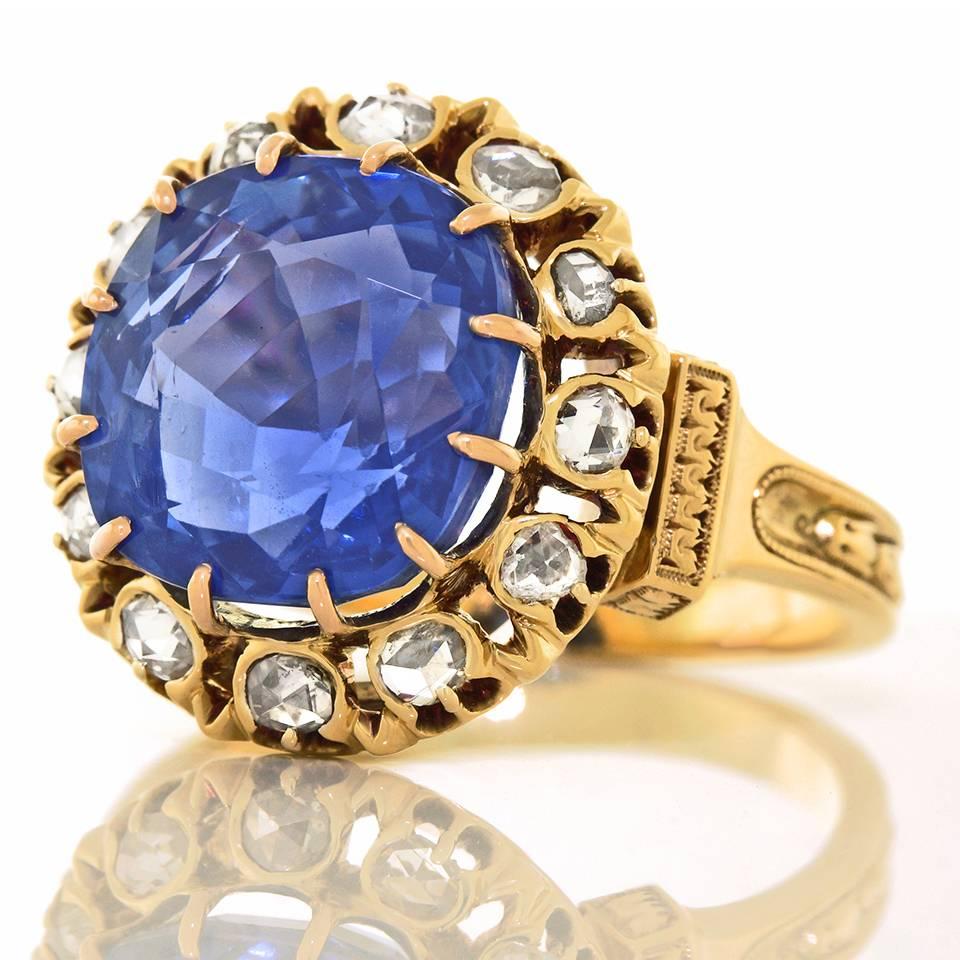 Victorian Spectacular Antique 10.47 carat No Heat Burma Sapphire Ring in Gold
