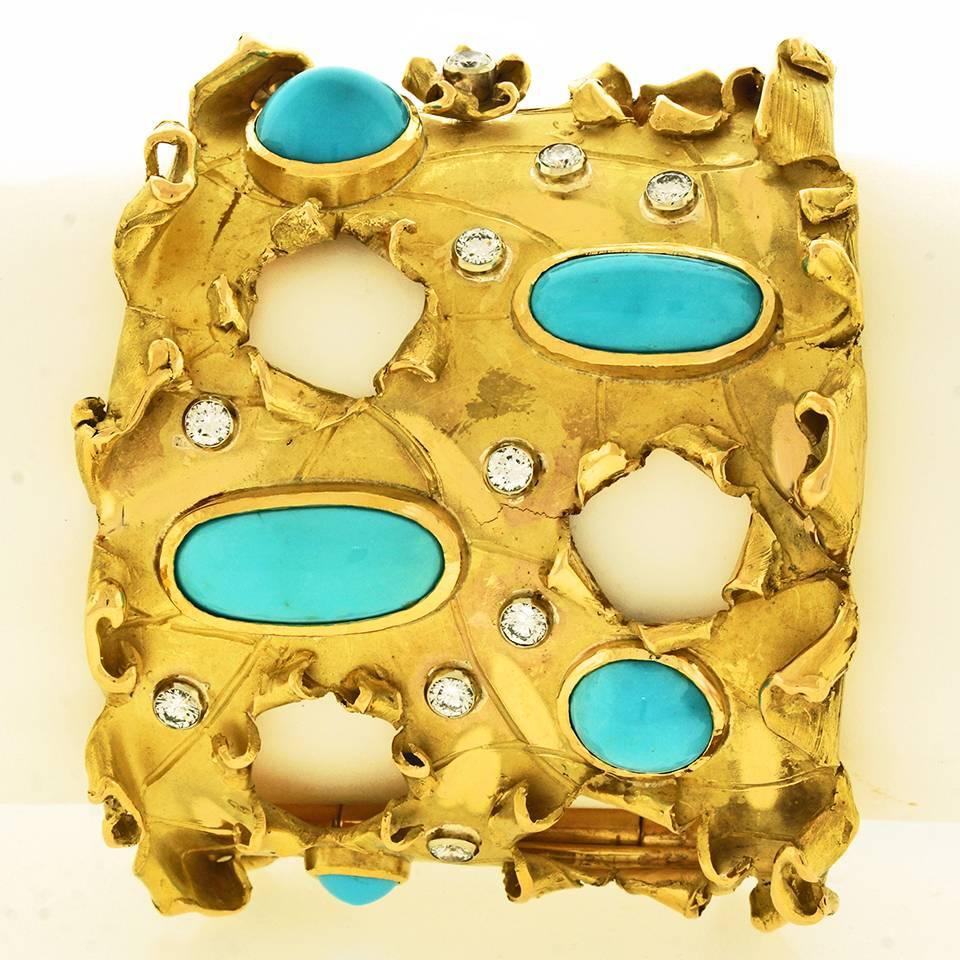 Modern Brutalist Persian Turquoise Gold Cuff Bracelet 