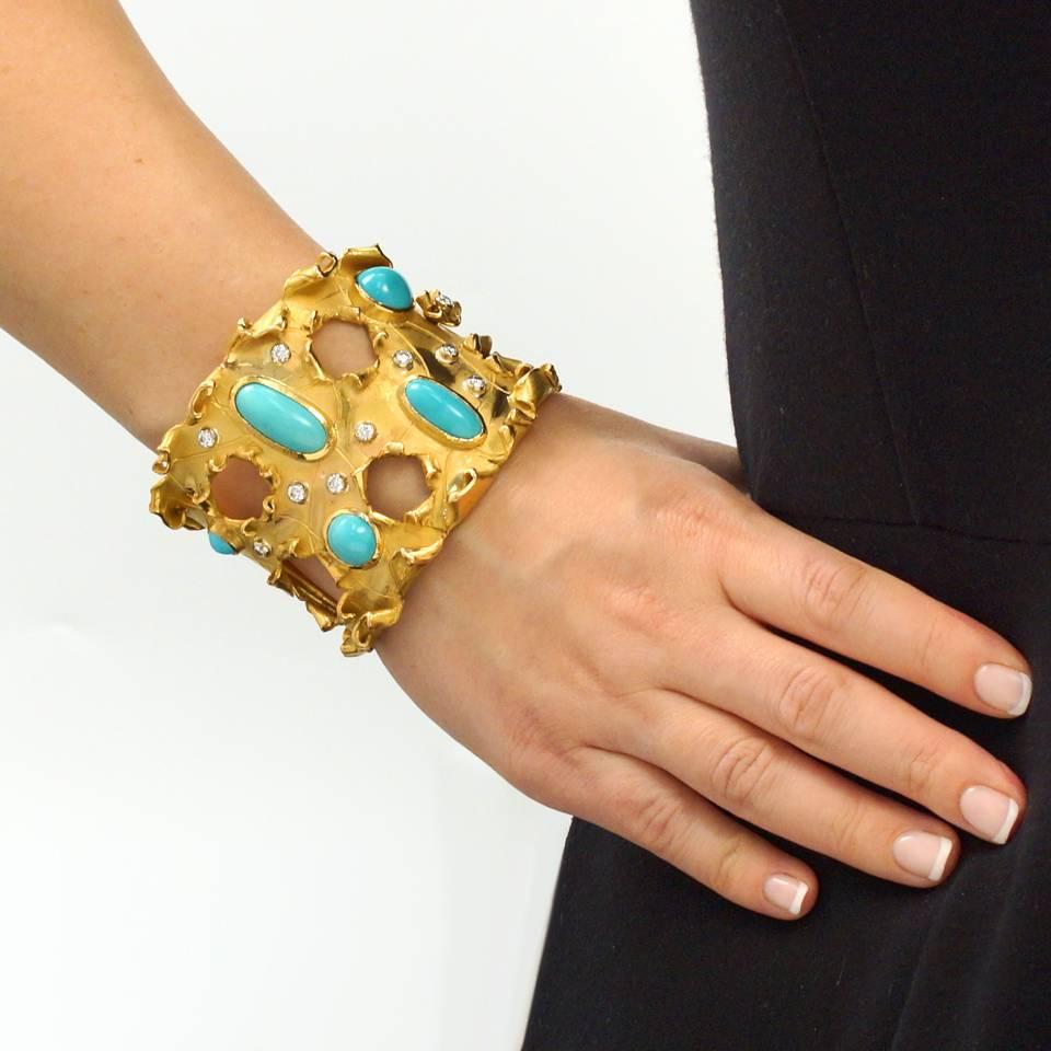 Brutalist Persian Turquoise Gold Cuff Bracelet  In Excellent Condition In Litchfield, CT