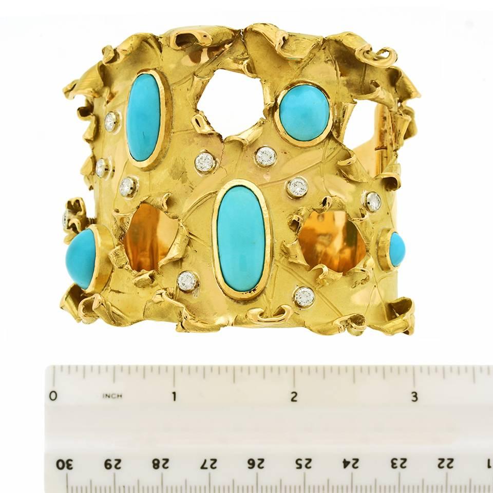 Brutalist Persian Turquoise Gold Cuff Bracelet  1