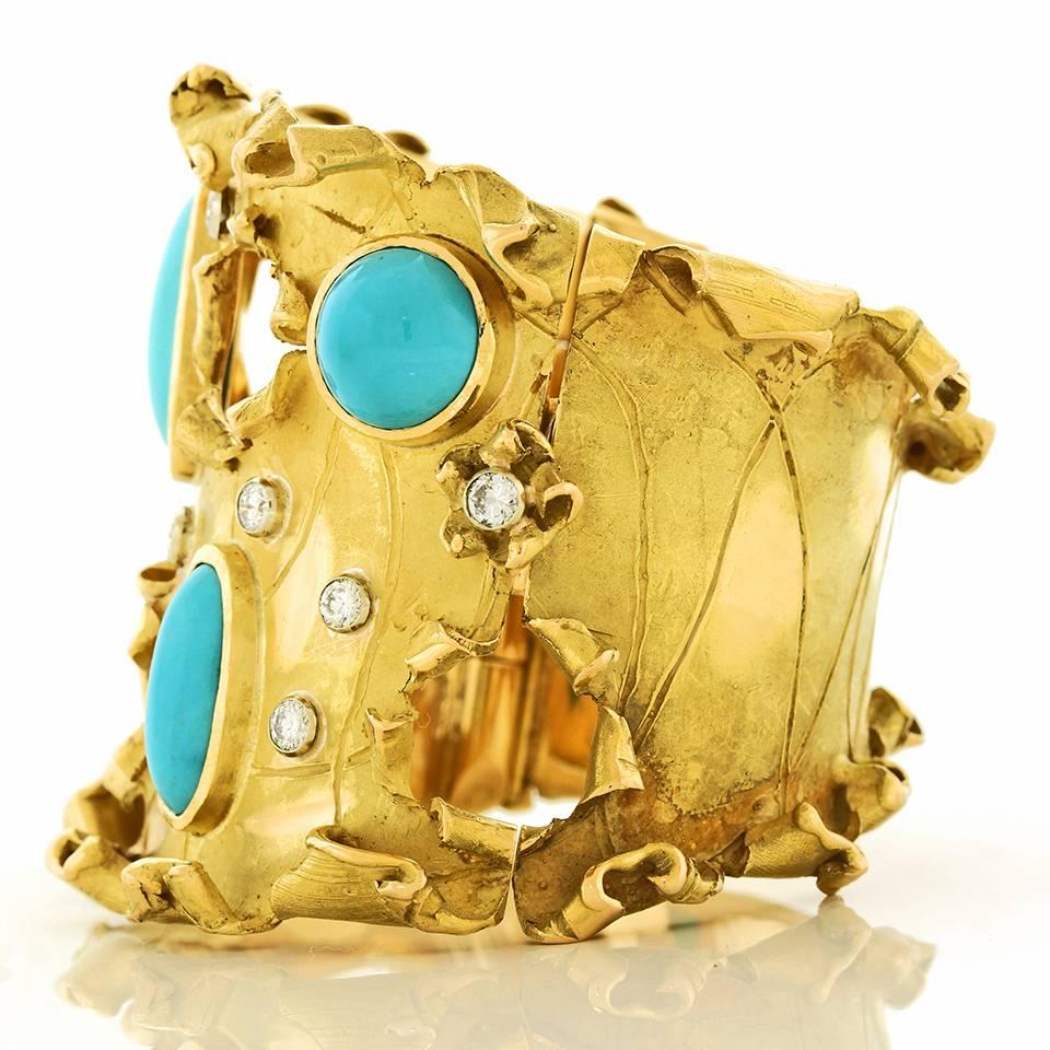 Brutalist Persian Turquoise Gold Cuff Bracelet  2
